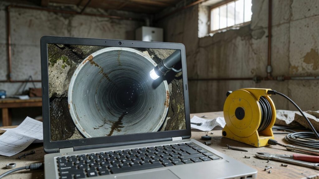 Inspección de una tubería con cámara: imagen del interior del tubo en el portátil
